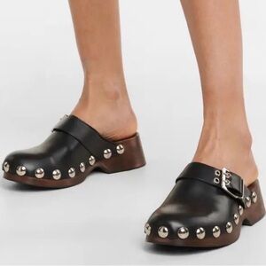 Ganni Retro Studded Clog Leather Upper Wooded Sole Black EU 42 US 11